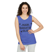 Woman wearing a blue tank top with 'MAIN CHARACTER CLUB' text on a white background