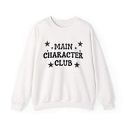 White sweatshirt with 'MAIN CHARACTER CLUB' text and stars on a white background