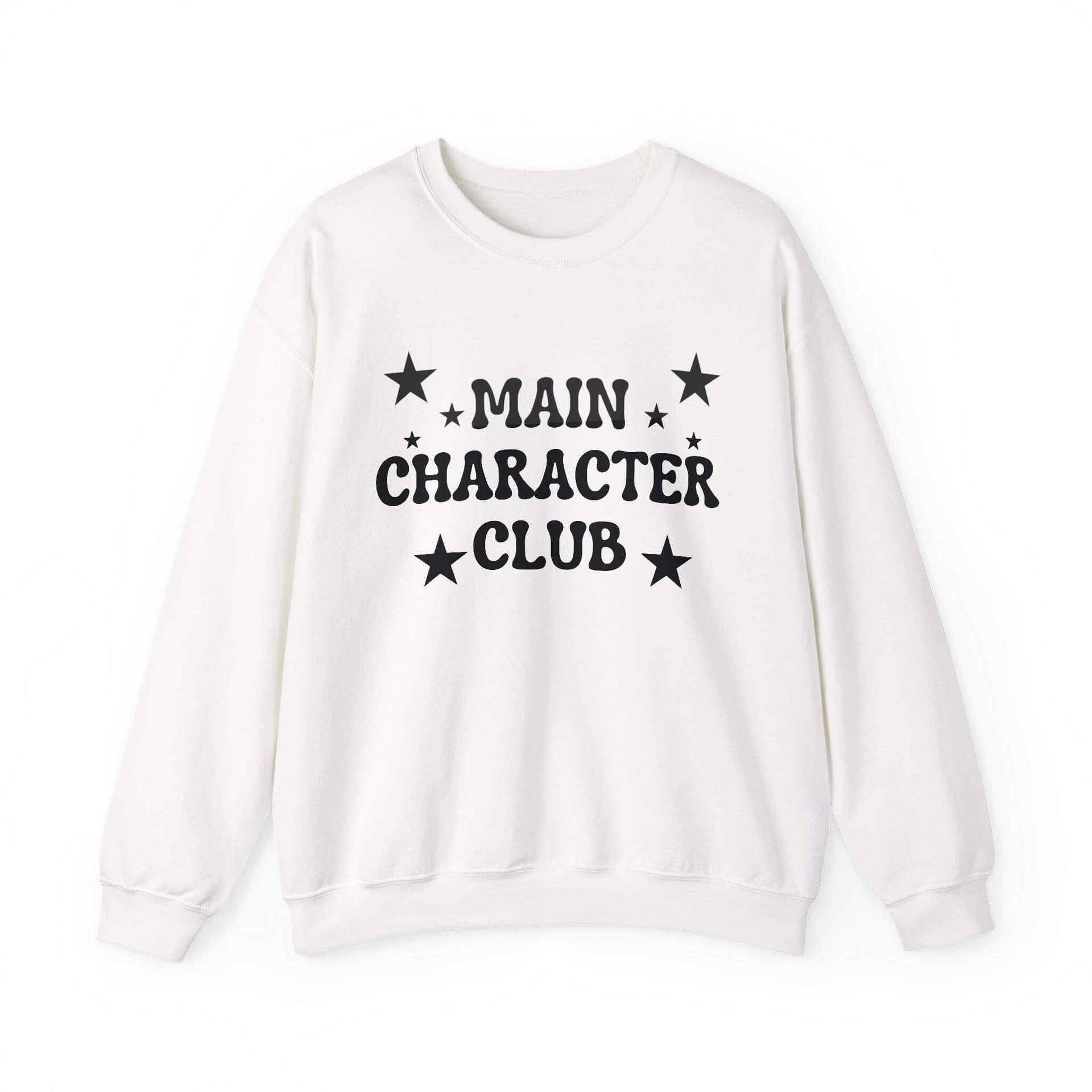 White sweatshirt with 'MAIN CHARACTER CLUB' text and stars on a white background