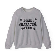 Gray sweatshirt with 'MAIN CHARACTER CLUB' text and stars on a white background