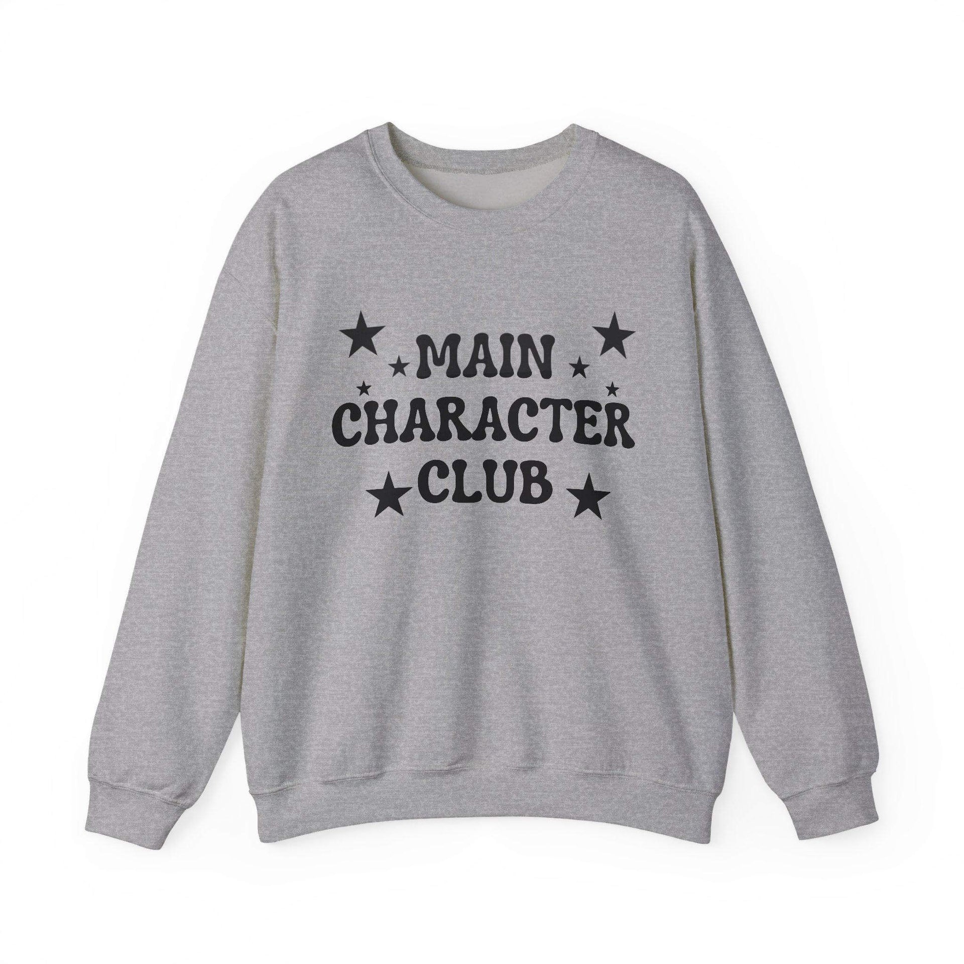Gray sweatshirt with 'MAIN CHARACTER CLUB' text and stars on a white background