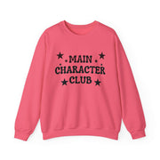 Pink sweatshirt with 'MAIN CHARACTER CLUB' text and stars on a white background