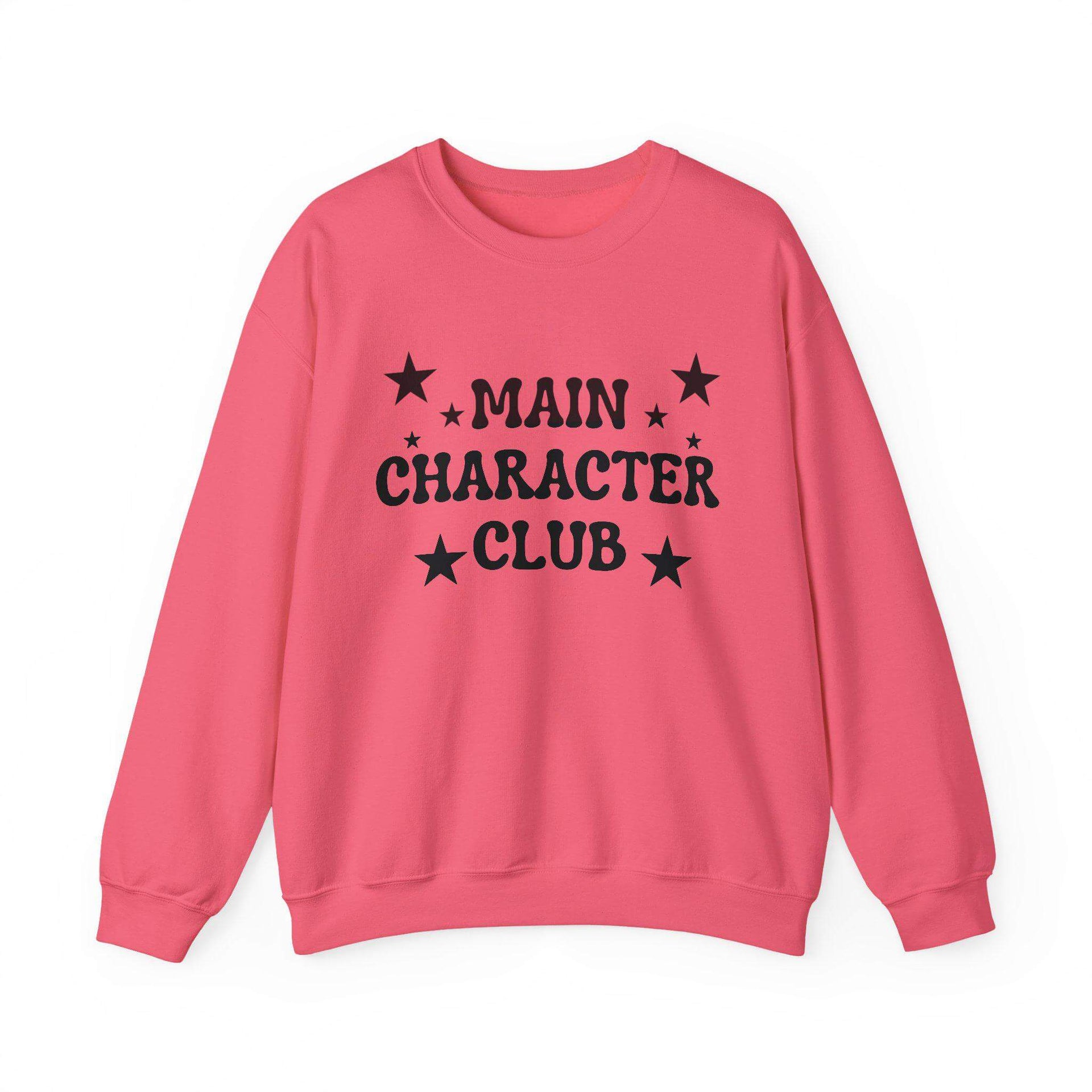 Pink sweatshirt with 'MAIN CHARACTER CLUB' text and stars on a white background
