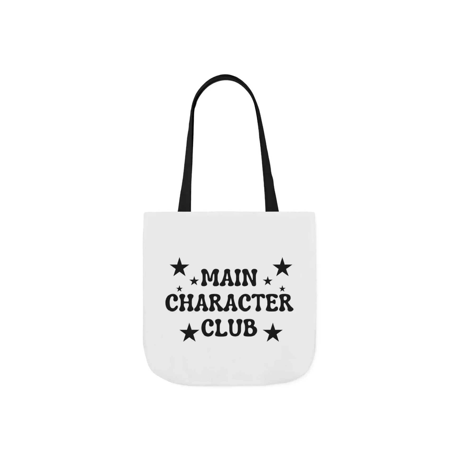 White tote bag with 'MAIN CHARACTER CLUB' text and star designs on a white background
