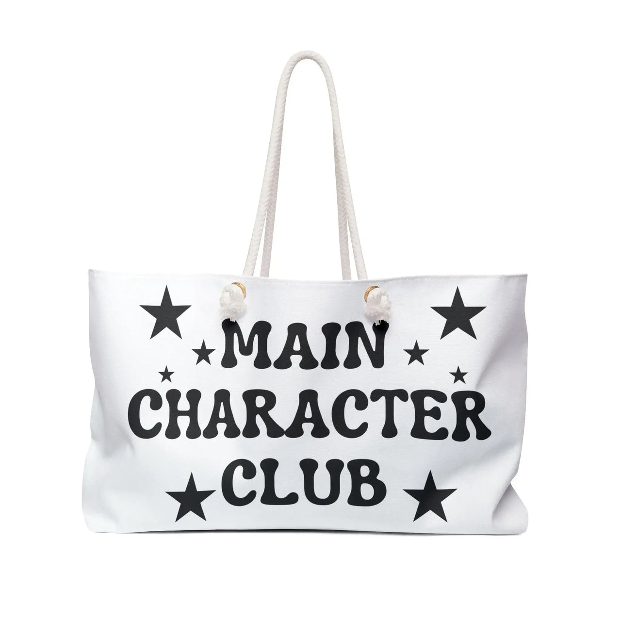 White tote bag with 'Main Character Club' text and star designs on a white background