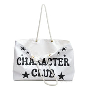 White tote bag with 'Character Club' text and star designs on a white background