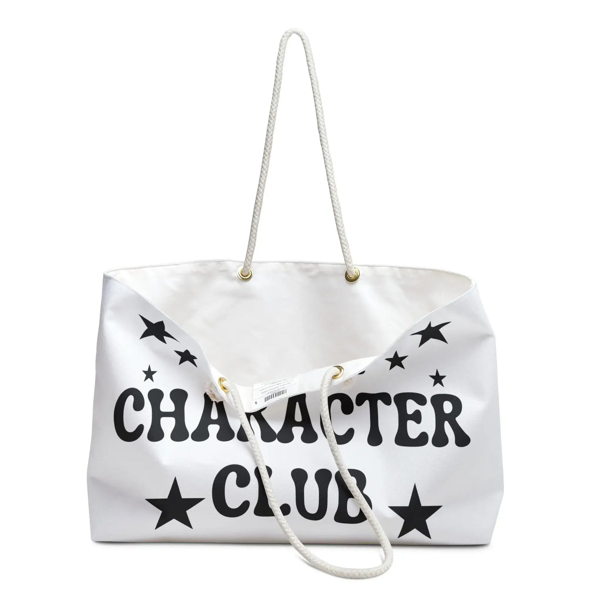 White tote bag with 'Character Club' text and star designs on a white background