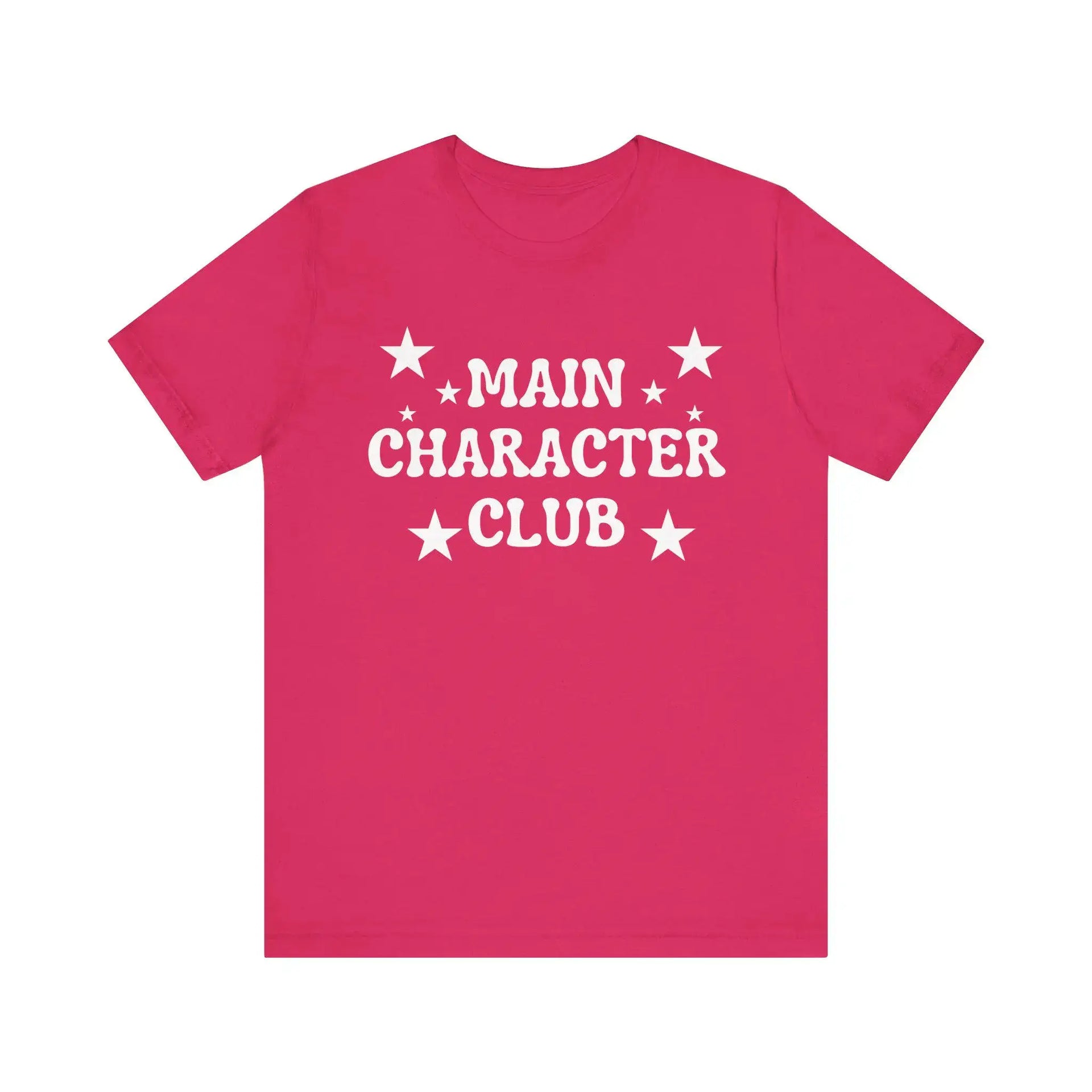 Pink t-shirt with 'Main Character Club' text and stars on a white background