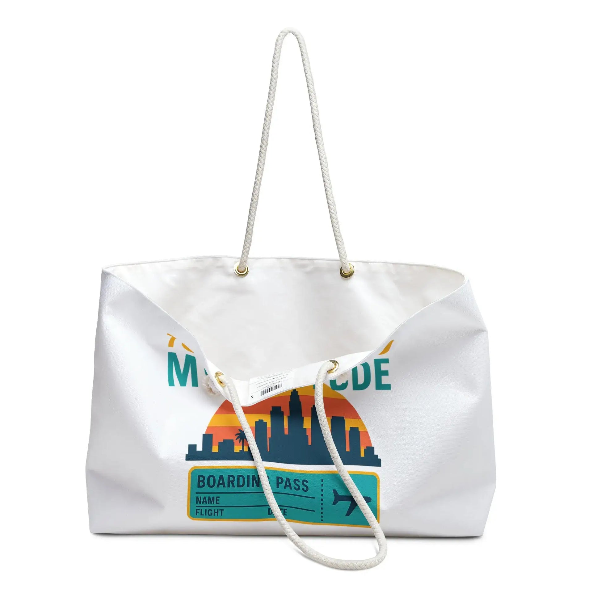 White tote bag with colorful design featuring a city skyline and 'Boarding Pass' text on a white background.
