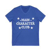 Blue t-shirt with 'Main Character Club' text and stars on a white background