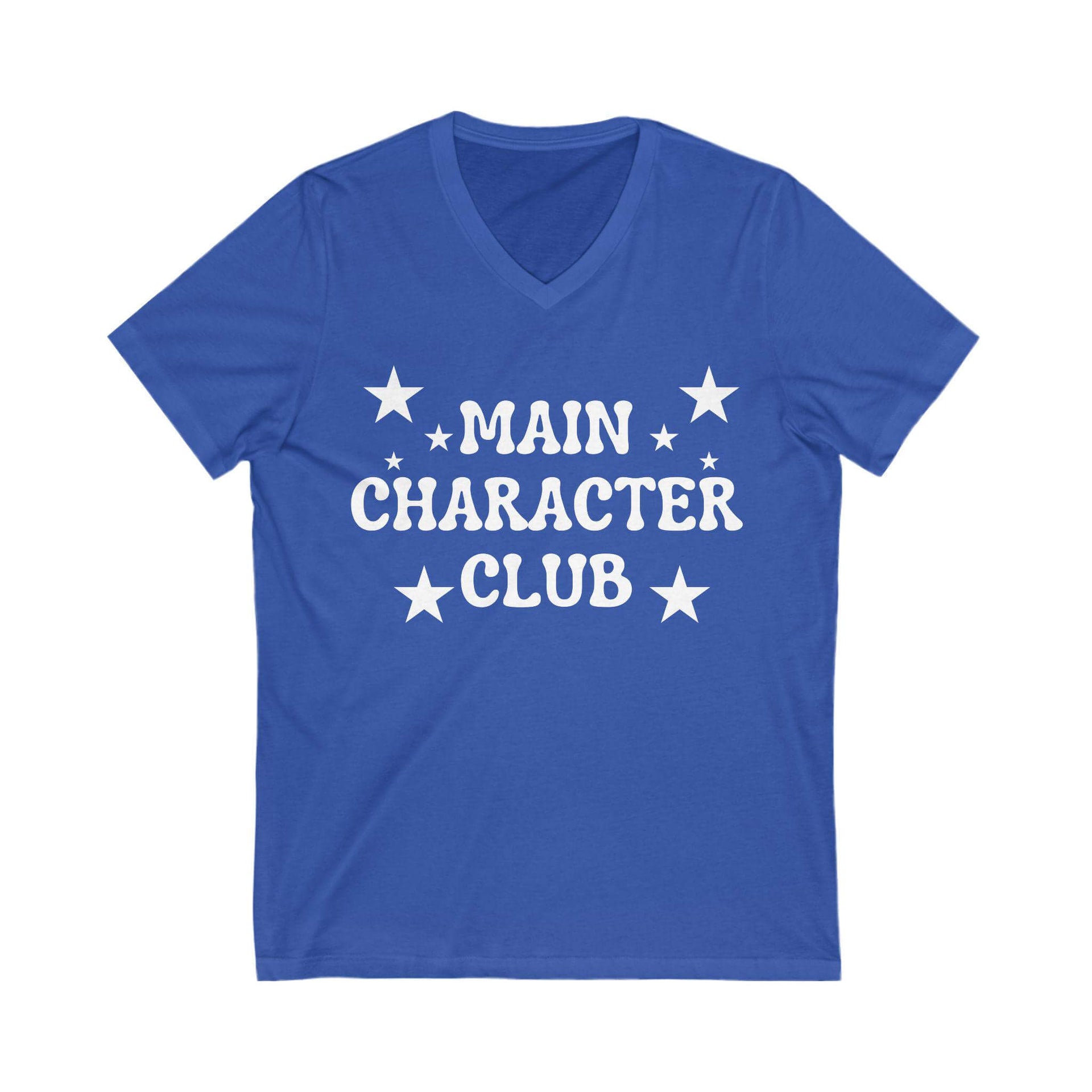 Blue t-shirt with 'Main Character Club' text and stars on a white background