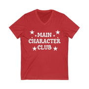 Red t-shirt with 'Main Character Club' text and stars on a white background
