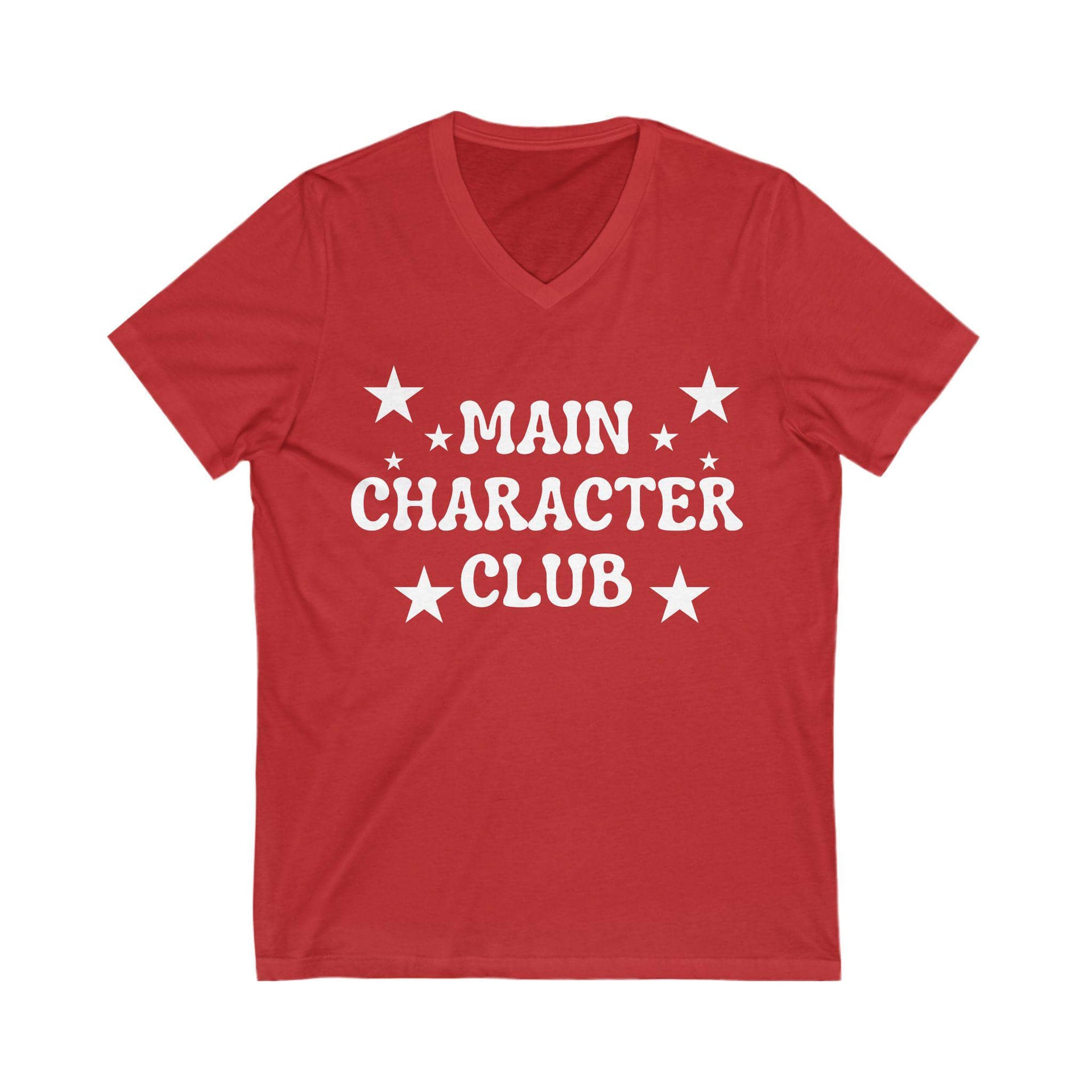 Red t-shirt with 'Main Character Club' text and stars on a white background