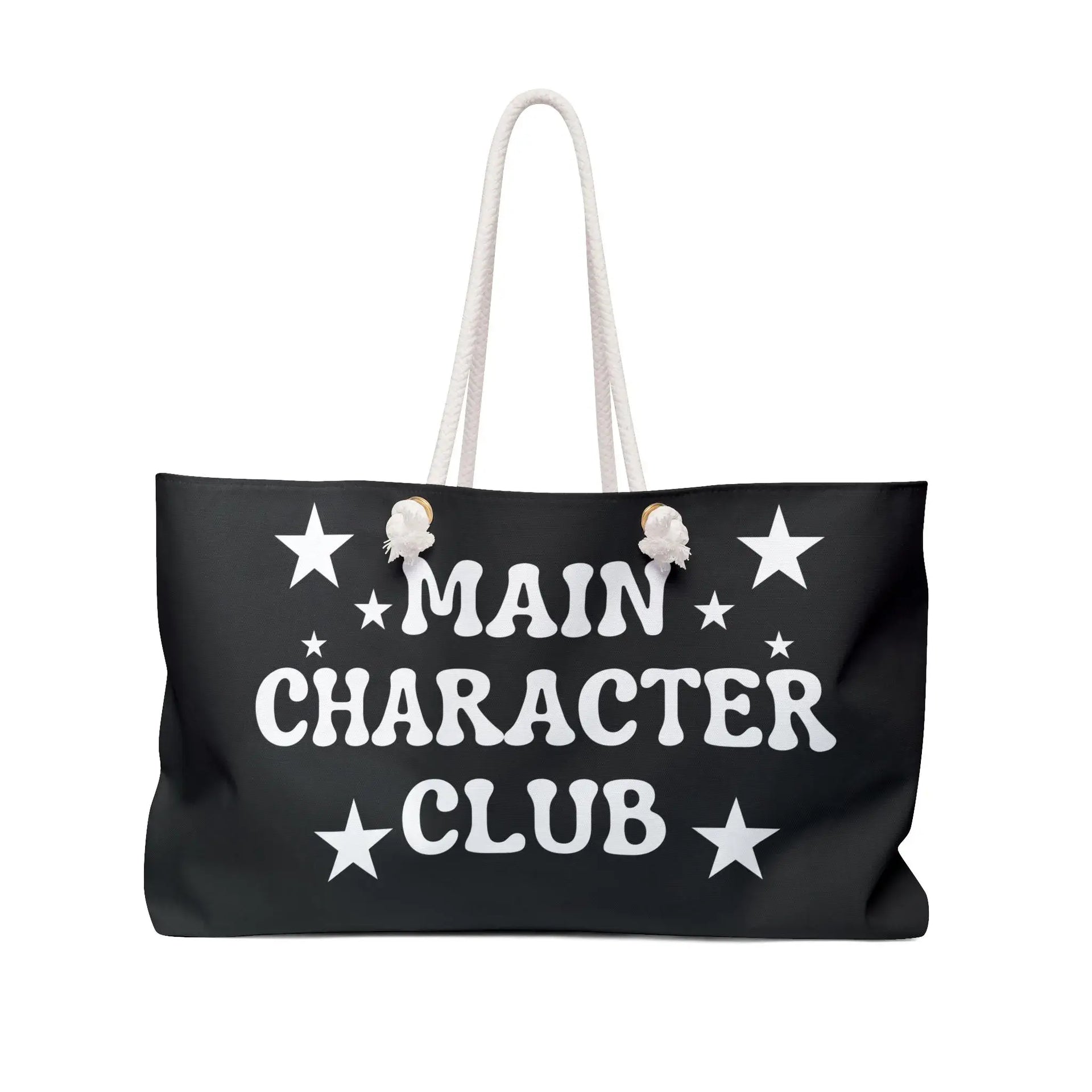 Black tote bag with 'MAIN CHARACTER CLUB' text and stars on a white background
