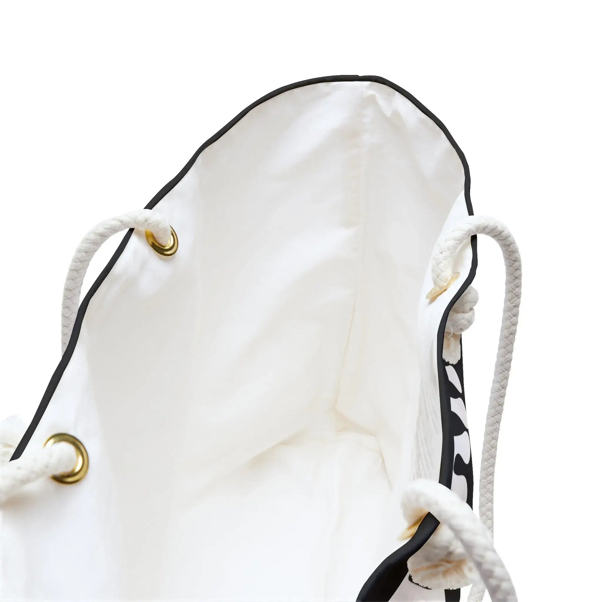 White drawstring bag with black accents on a white background