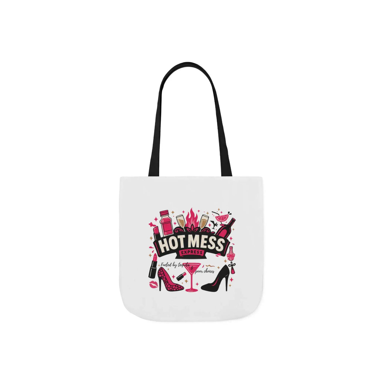 Tote bag with 'Hot Mess' design featuring bottles, a martini glass, and high heels on a white background.