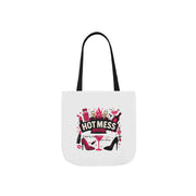 Tote bag with 'Hot Mess' design featuring bottles, a martini glass, and high heels on a white background.