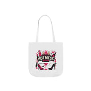 White tote bag with 'Hot Mess' design featuring bottles, a martini glass, and high heels on a white background.