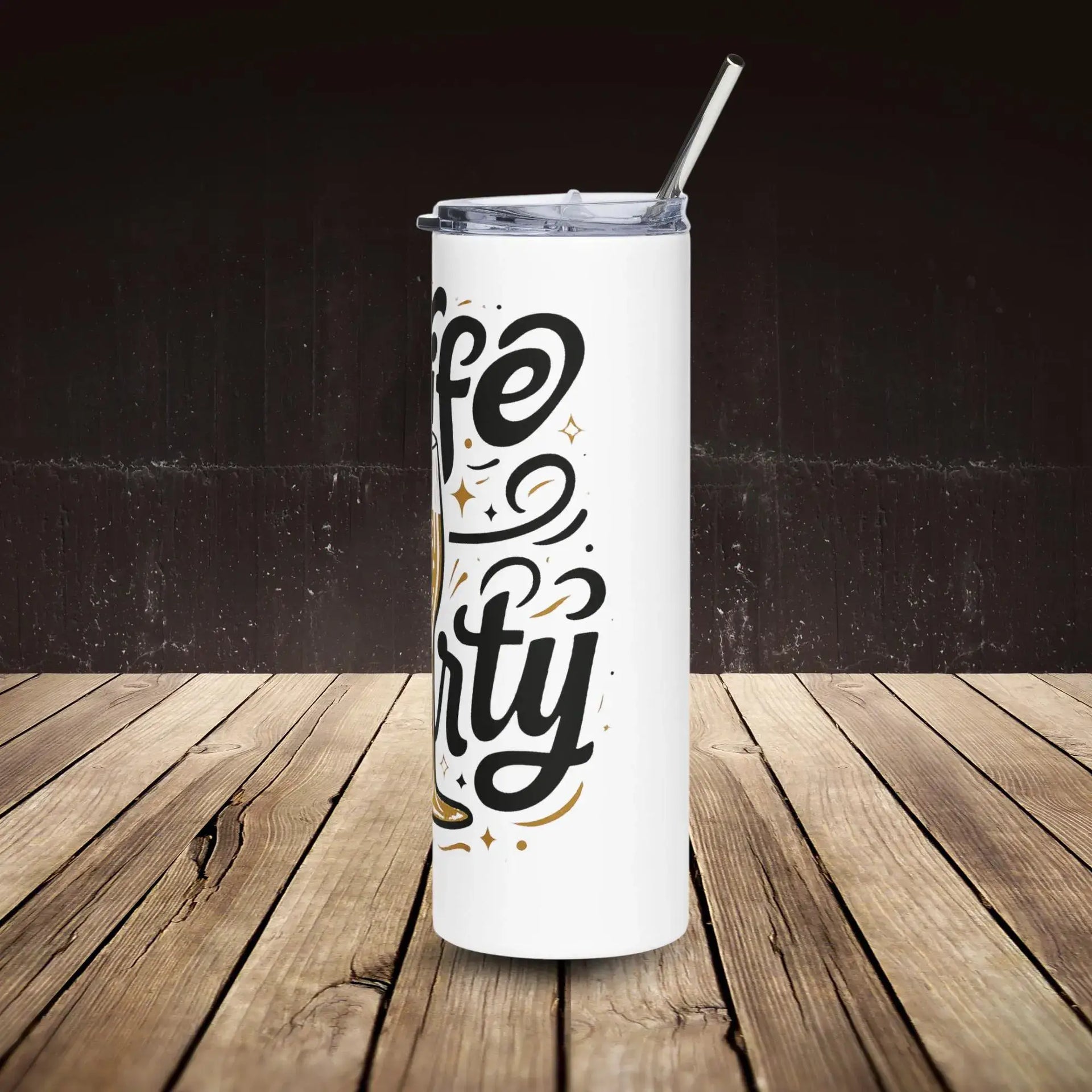 White tumbler with 'Life is Forty' text on a wooden surface and dark background