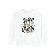 White sweatshirt with 'Wife of the Party' text and champagne glass graphic on a white background