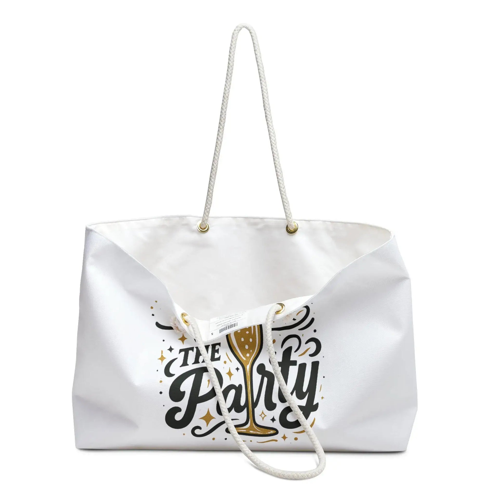White tote bag with 'The Party' text and champagne glass design on a white background