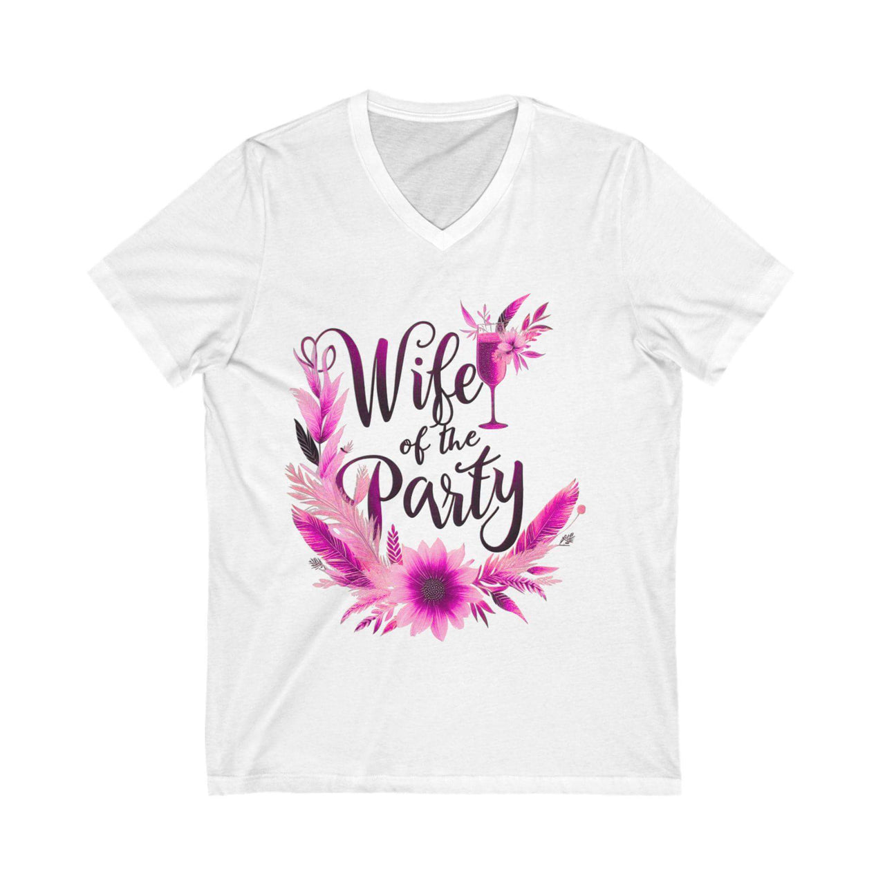 White t-shirt with 'Wife of the Party' text and floral design on a white background