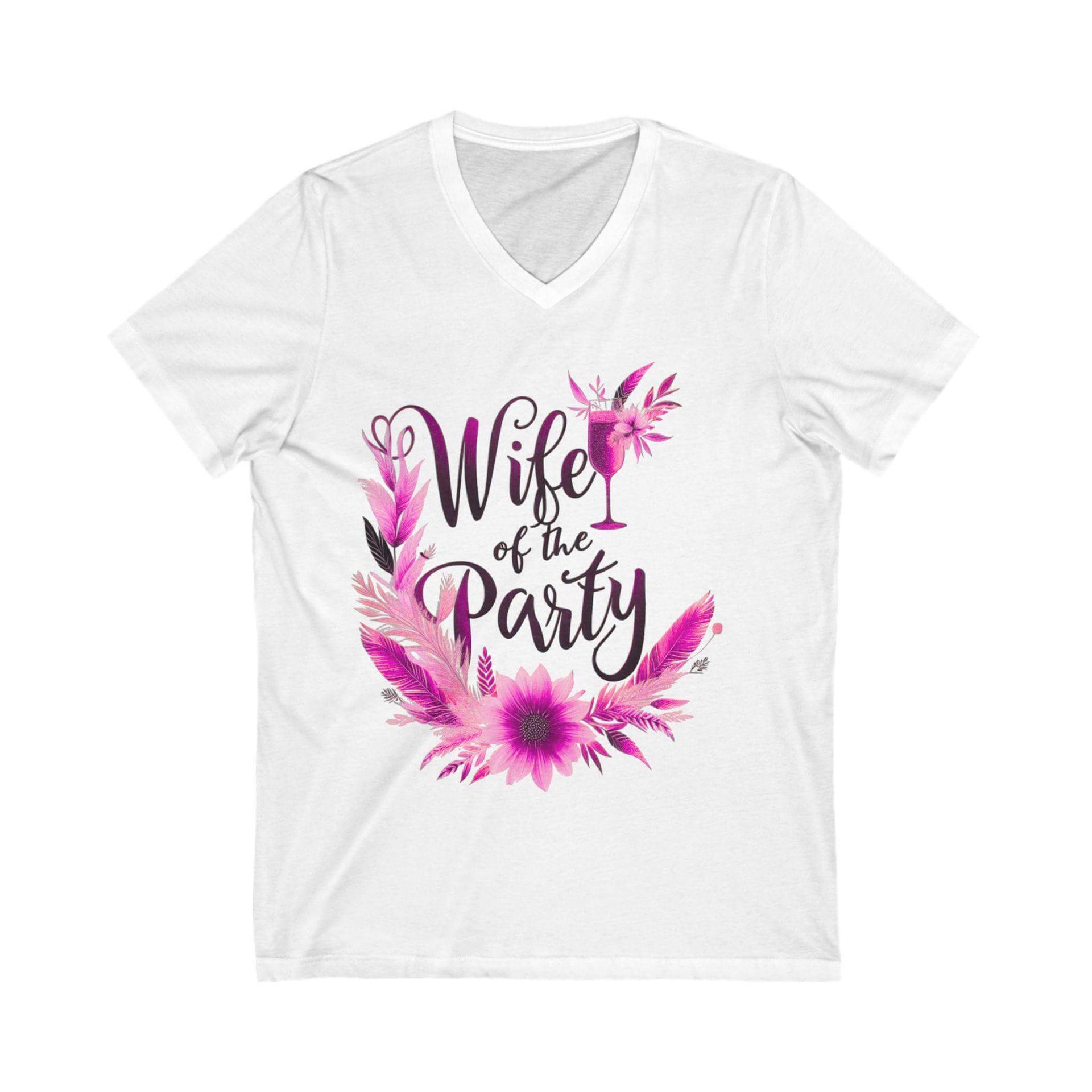 White t-shirt with 'Wife of the Party' text and floral design on a white background
