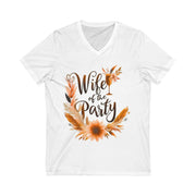 White t-shirt with 'Wife of the Party' text and floral design on a white background