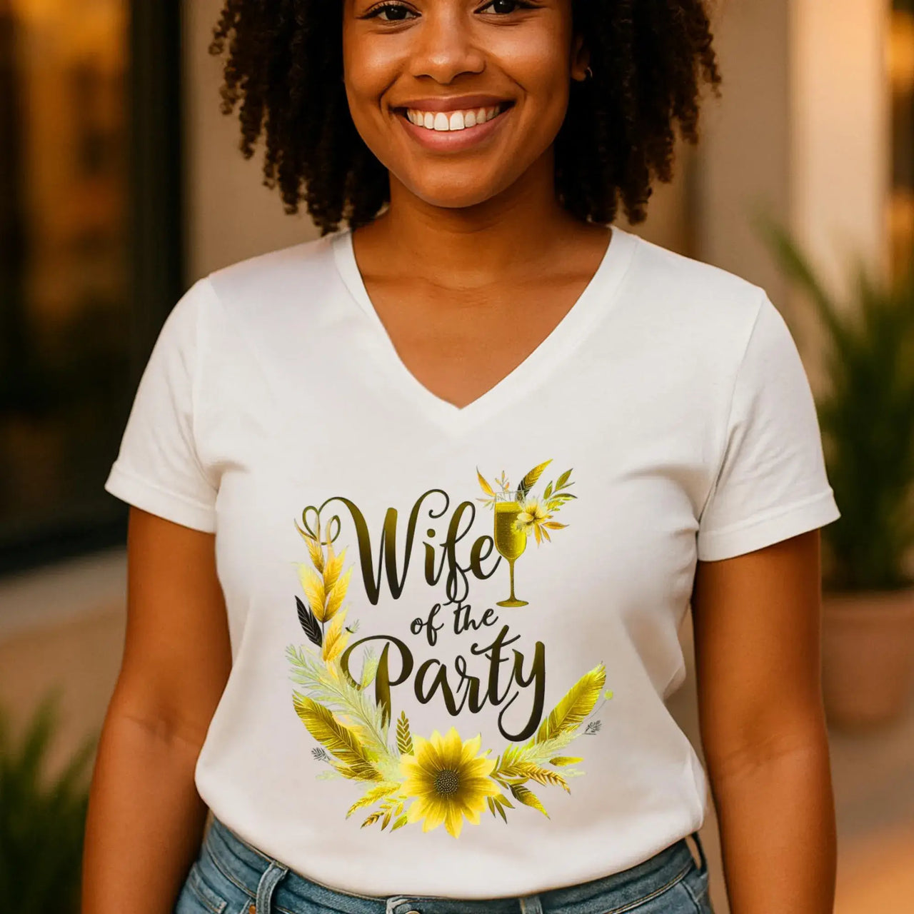 Woman wearing a white t-shirt with 'Wife of the Party' design, standing outdoors.