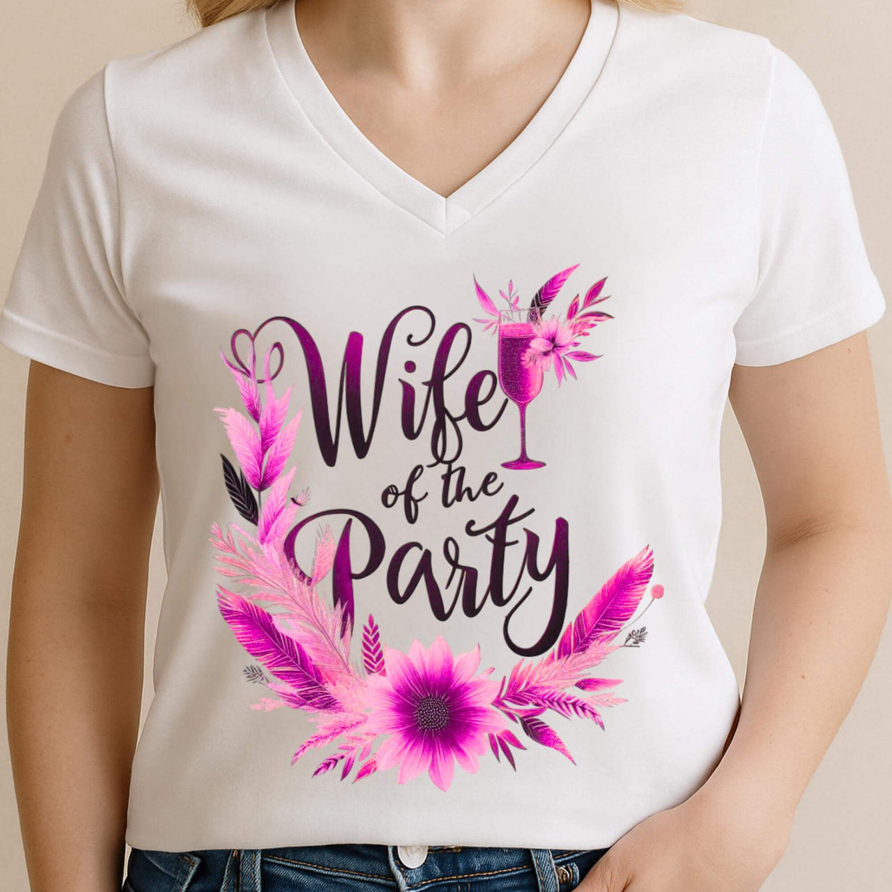 White t-shirt with 'Wife of the Party' design featuring pink flowers and a glass.