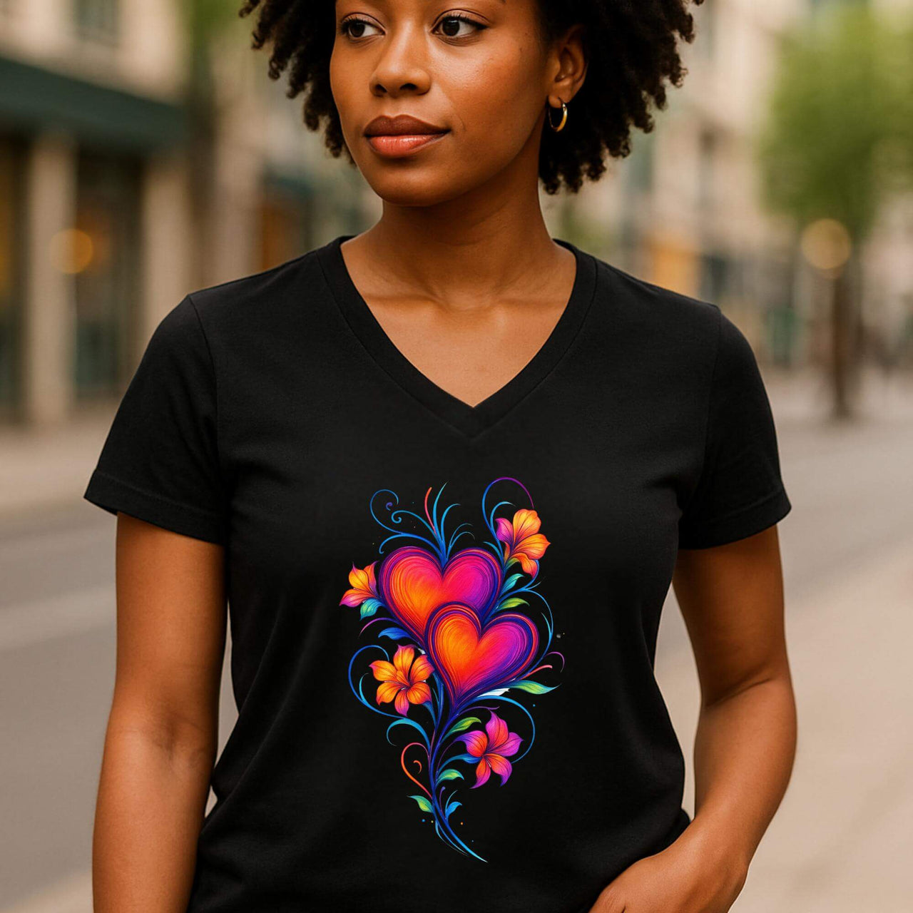 Woman wearing a black t-shirt with a colorful heart design on a blurred street background