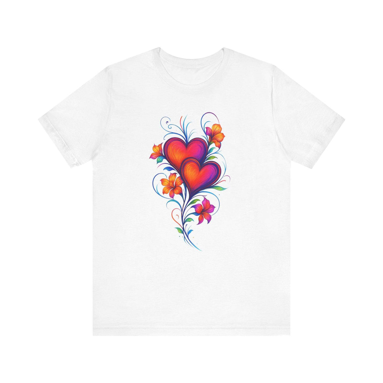 White t-shirt with colorful heart design on a white background