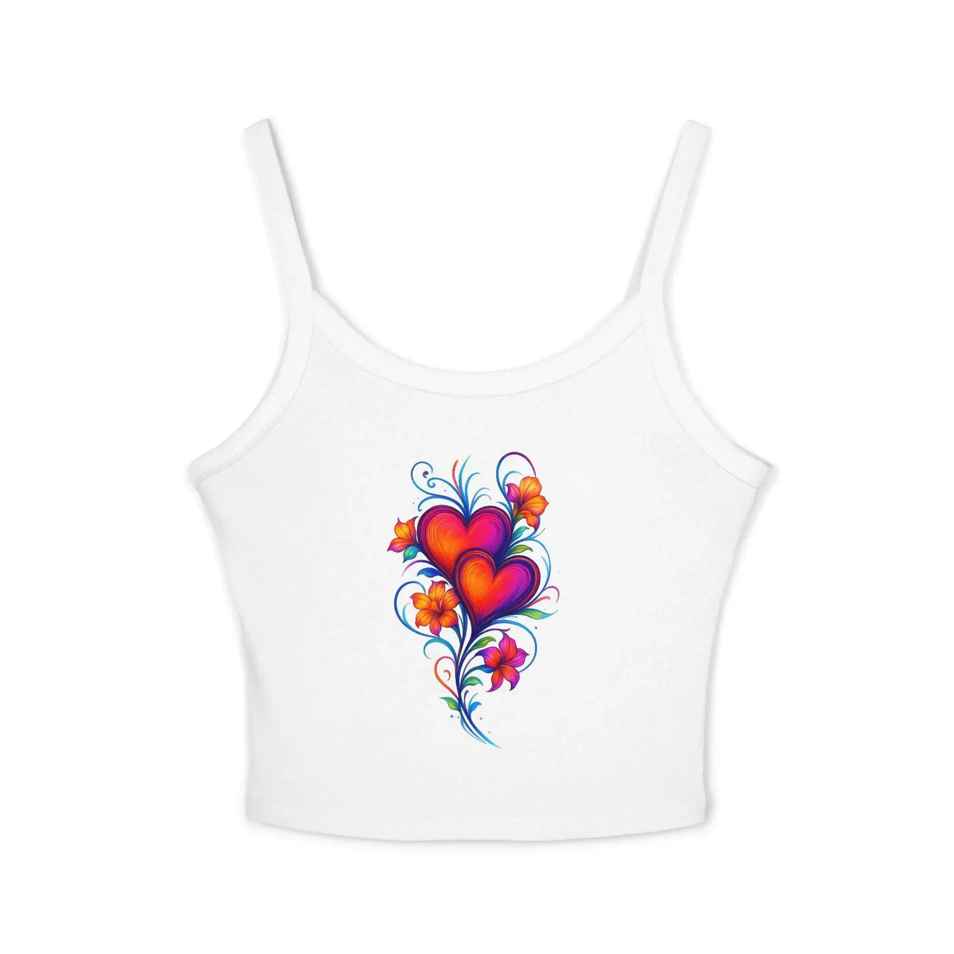 White tank top with colorful heart design on a white background