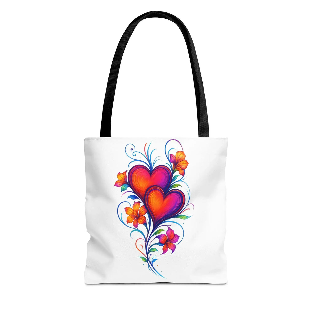 Tote bag with colorful heart and floral design on a white background