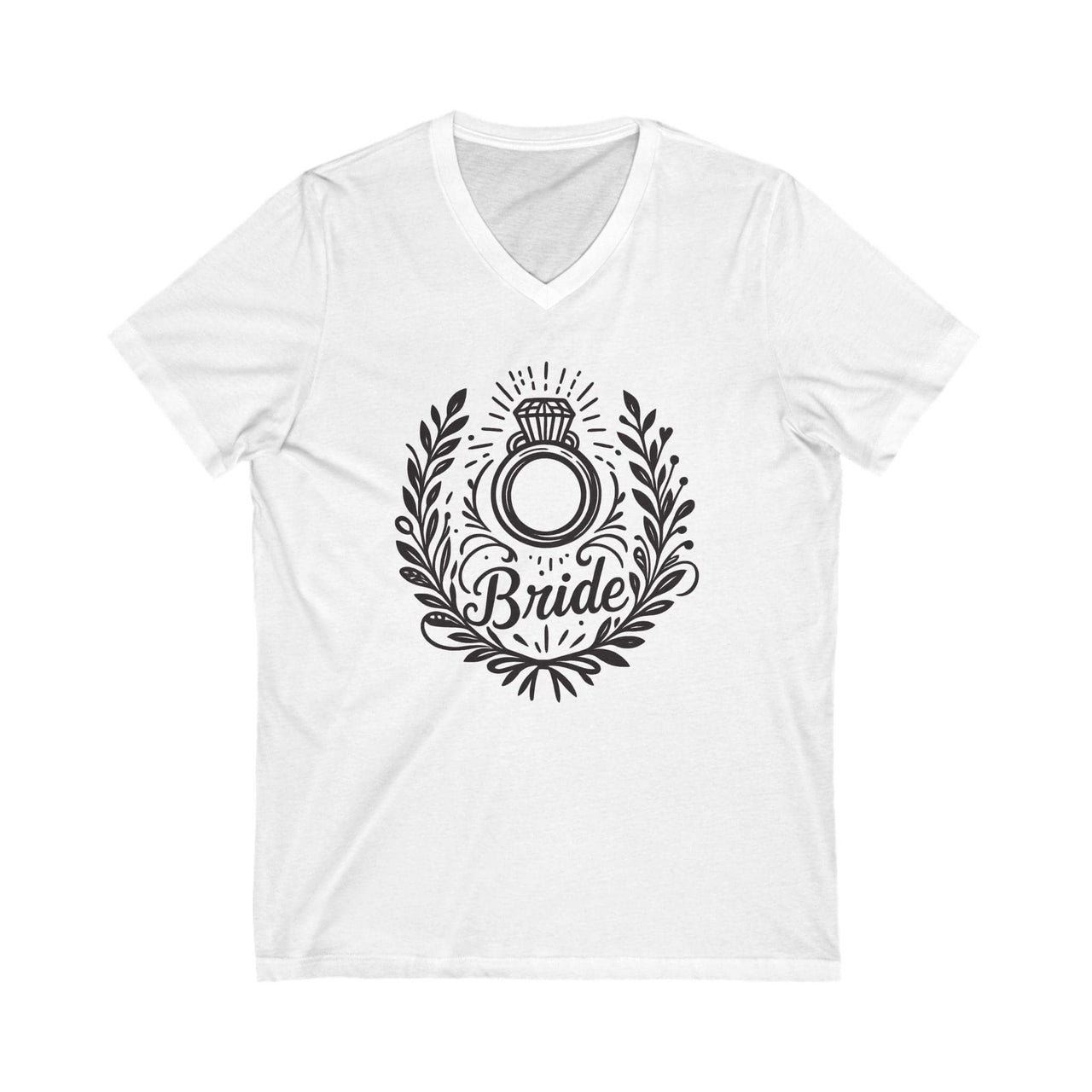 White t-shirt with black 'Bride' design featuring a ring and wreath on a white background