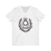 White t-shirt with black 'Bride' design featuring a ring and wreath on a white background
