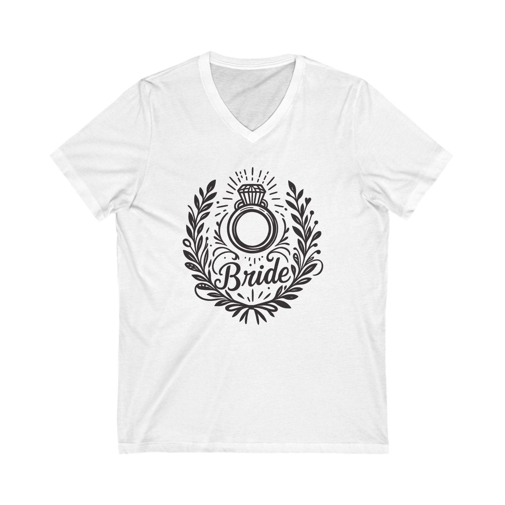 White t-shirt with black 'Bride' design featuring a ring and wreath on a white background