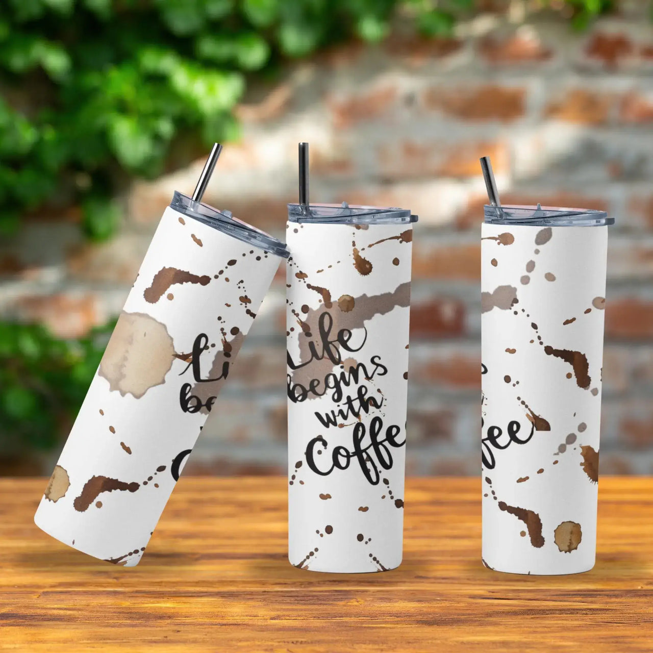 Life Begins with Coffee Tumbler | 20oz Stainless Steel Cup with Coffee Stain Design