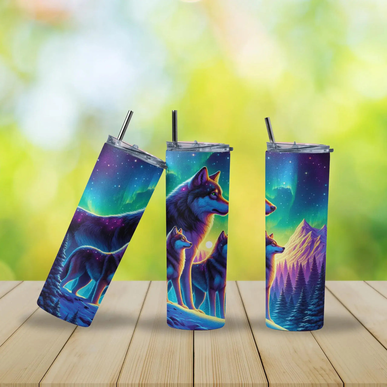 Northern Lights Wolf Tumbler | 20oz Stainless Steel Cup with Vibrant Aurora & Wolf Pack Design