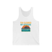 White tank top with 'TSA Cleared My Attitude' graphic design on a white background