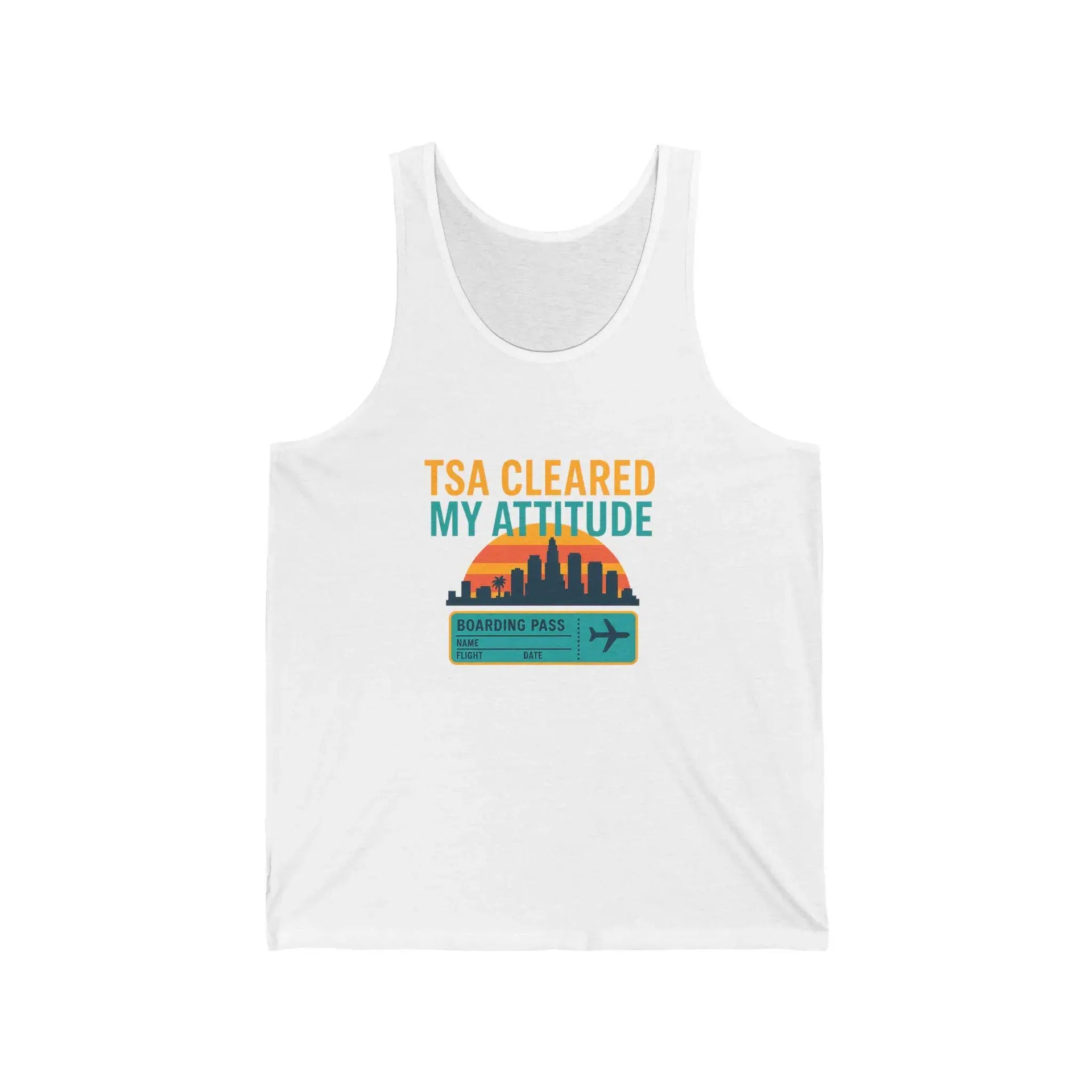 White tank top with 'TSA Cleared My Attitude' graphic design on a white background