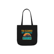 Black tote bag with 'TSA Cleared My Attitude' text and graphic on a white background