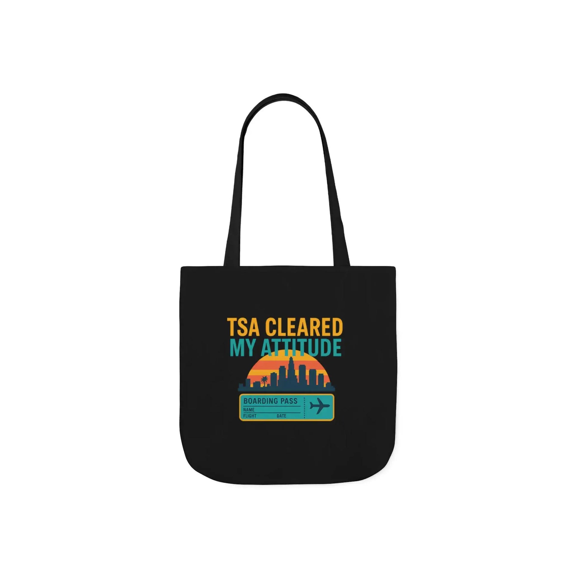 Black tote bag with 'TSA Cleared My Attitude' text and graphic on a white background