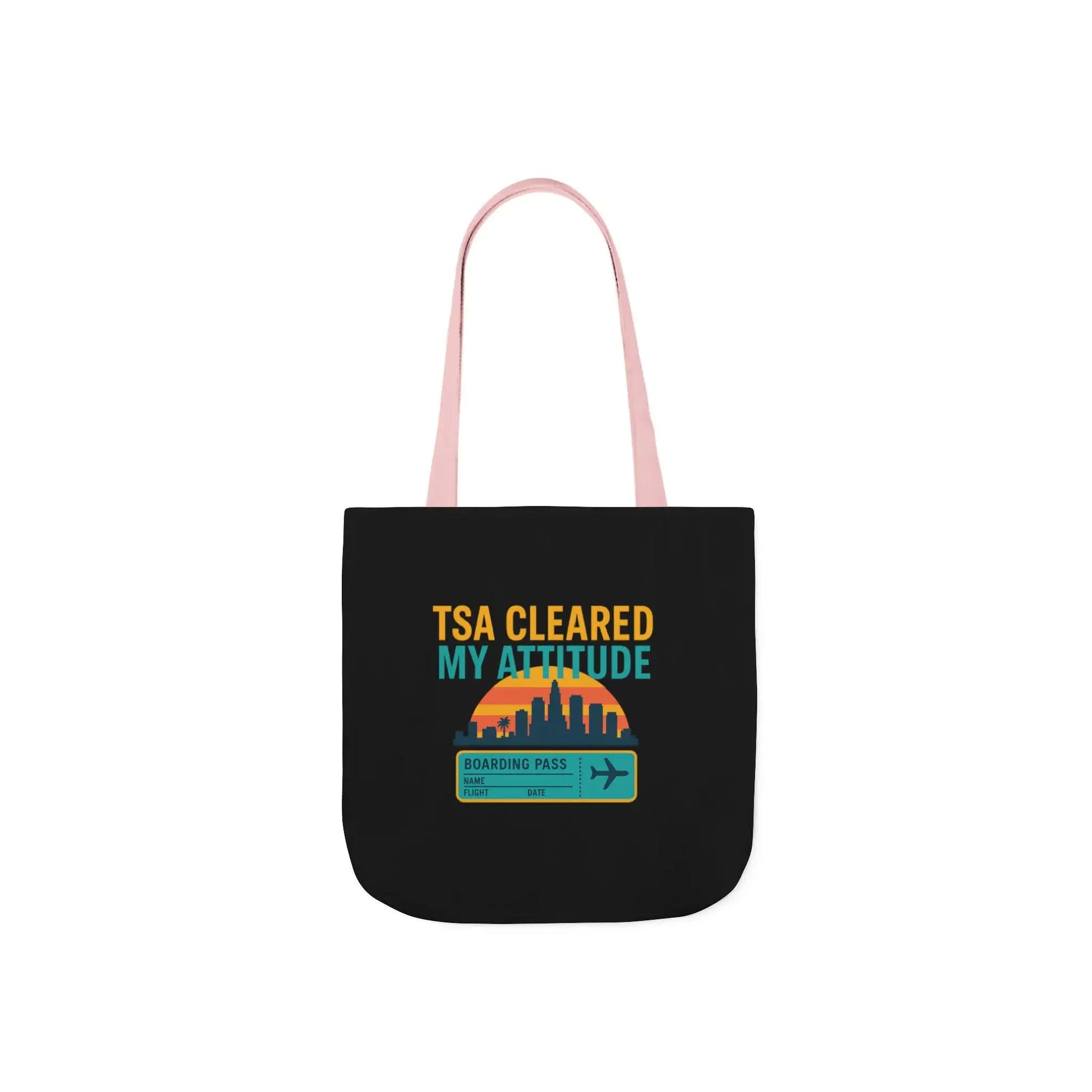 Black tote bag with colorful text and graphics on a white background