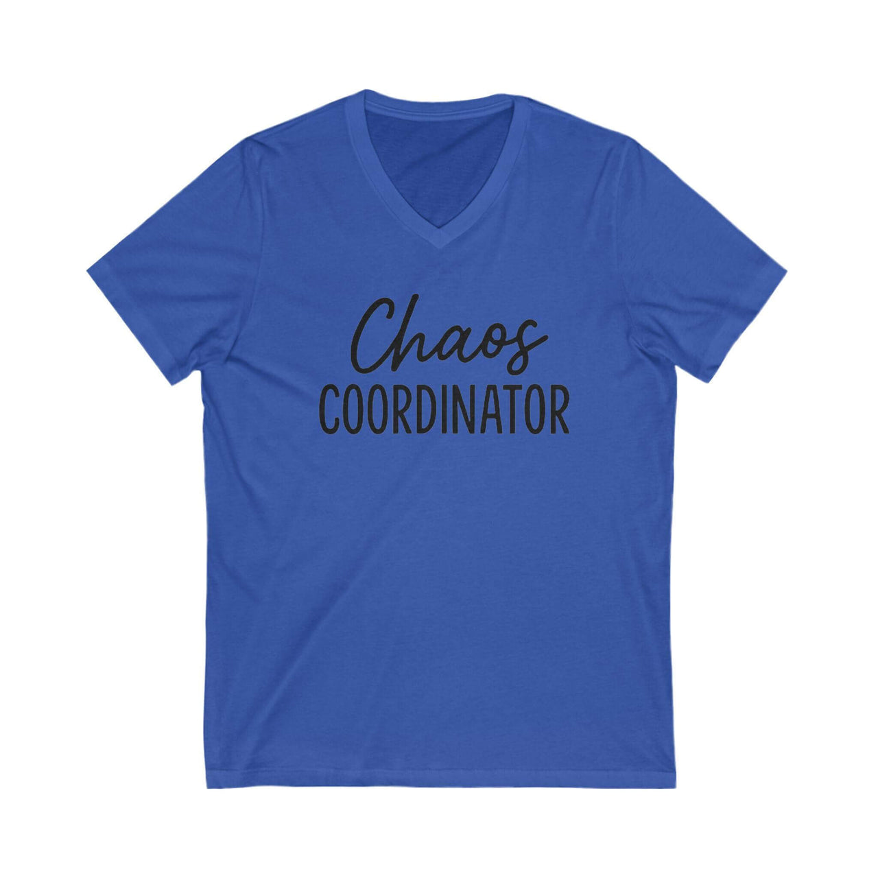 Blue t-shirt with 'Chaos Coordinator' text on a white background