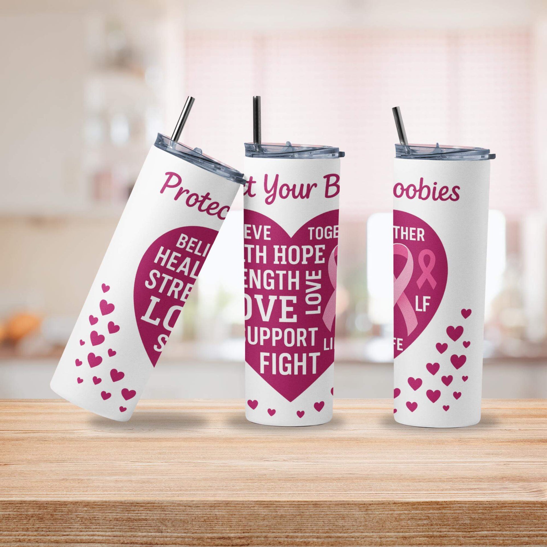 Three tumblers with pink and white designs on a wooden surface.