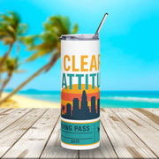 Tumbler with 'Clear Attitude' design on a beach background
