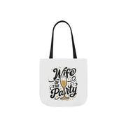 Tote bag with 'Wife of the Party' text and champagne glass design on a white background