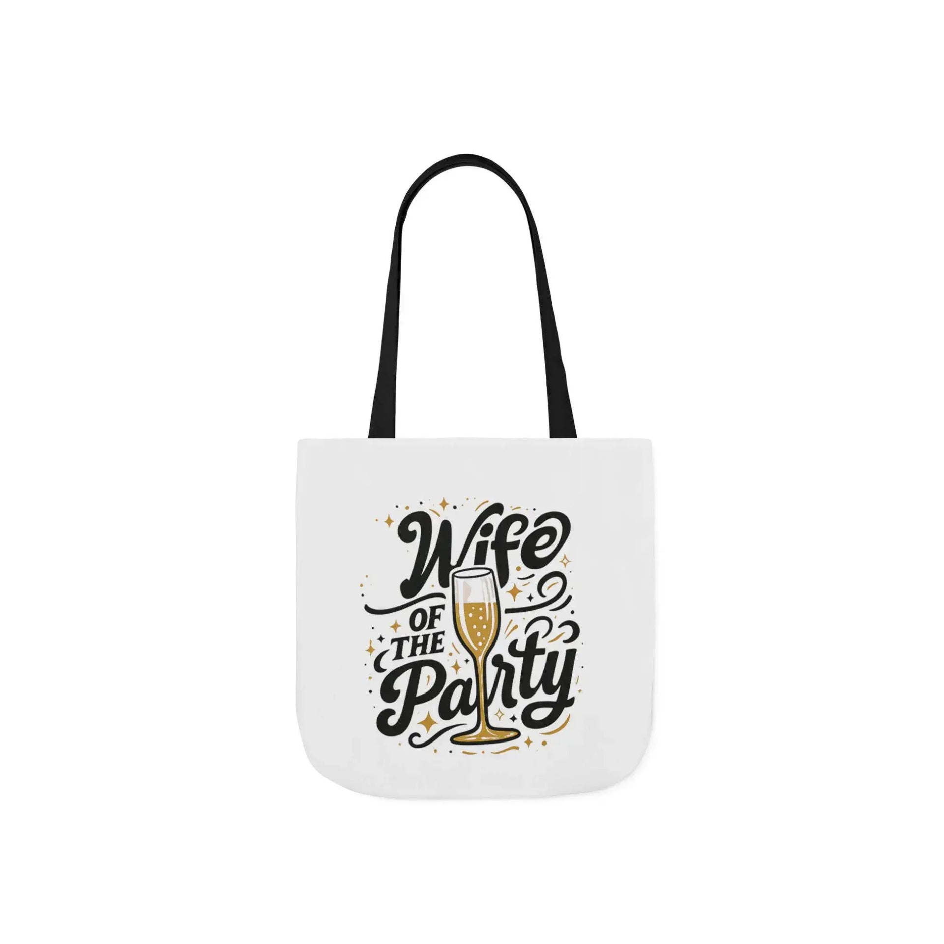 Tote bag with 'Wife of the Party' text and champagne glass design on a white background