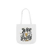 White tote bag with 'Wife of the Party' text and champagne glass design on a white background